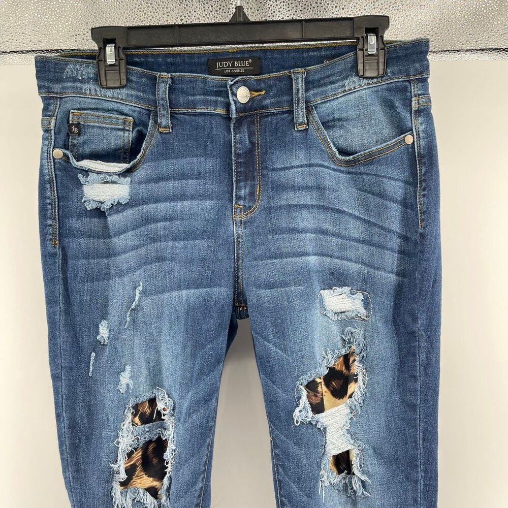 Judy Blue Leopard Patch Skinny Jeans Mid Rise Distressed Stretch Denim 11/30 - Picture 4 of 14